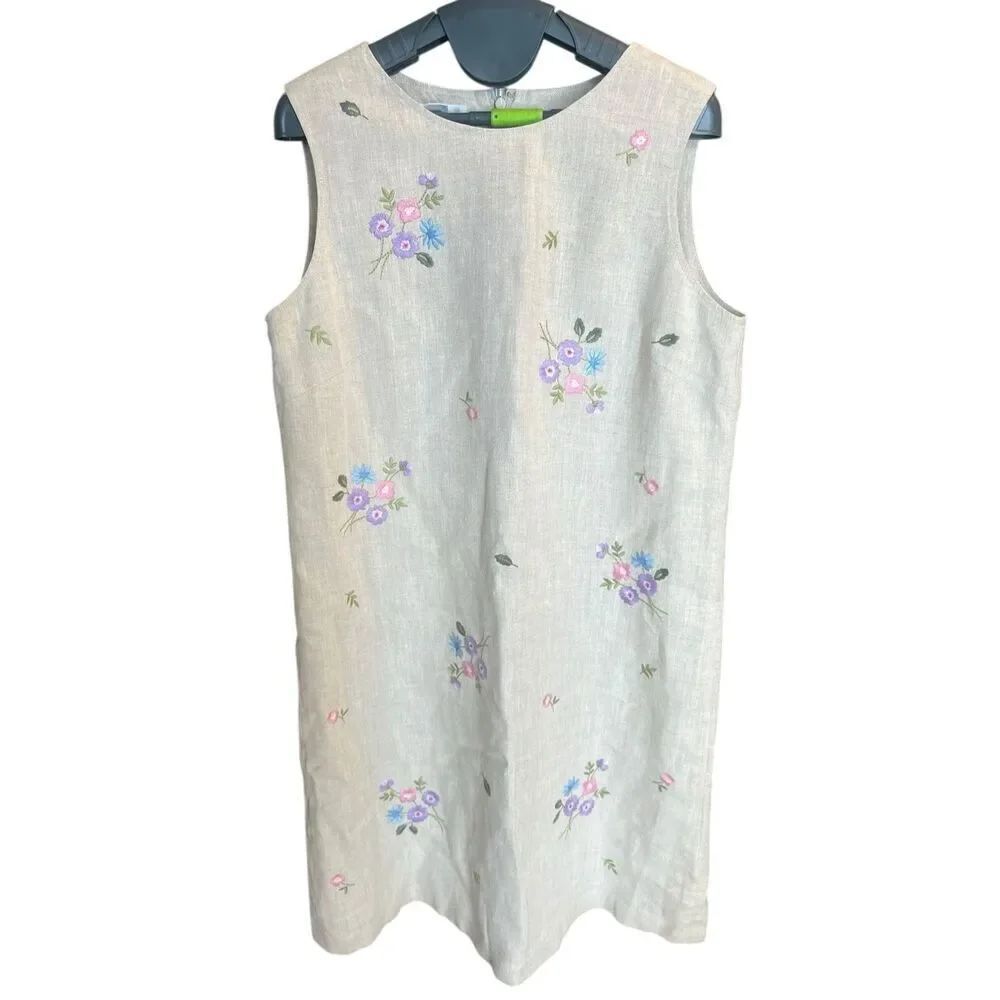 TALBOTS 100% Linen light tan floral embroidered sleeveless shift dress 12 career
